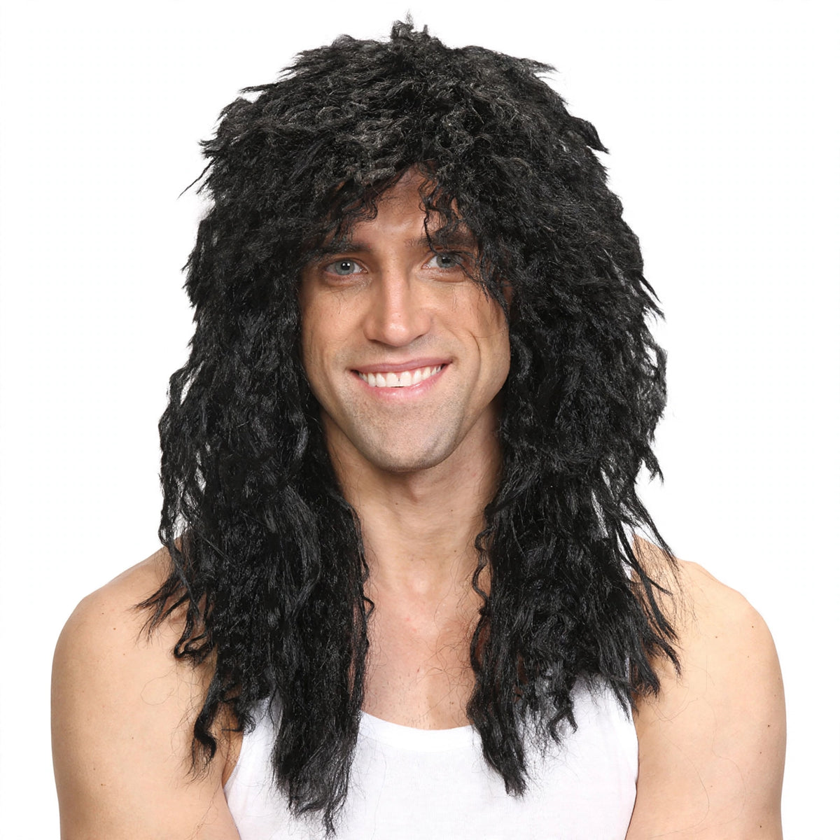 Mens Rockstar Black Wig with wild shaggy black hair and comfortable inner cap