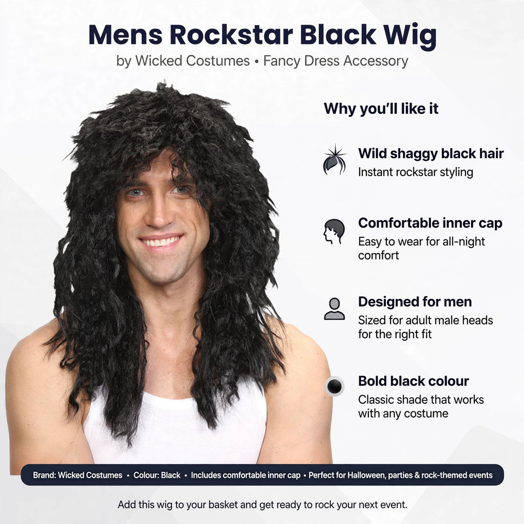 Features wild shaggy black hair, comfortable inner cap, designed for men, bold black colour