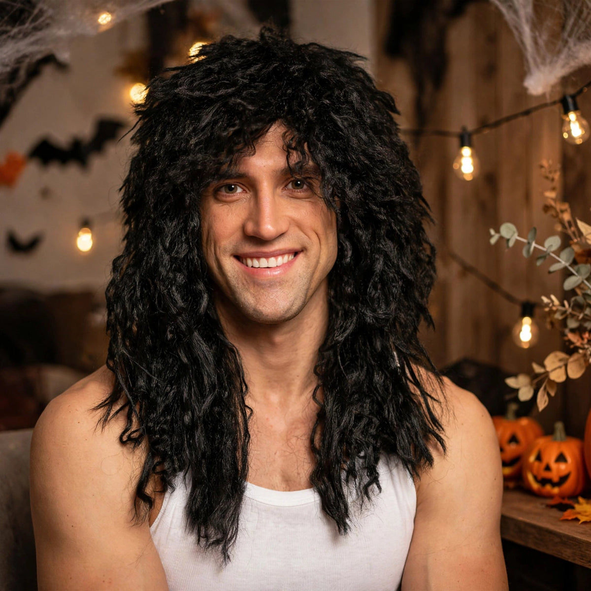 Mens Rockstar Black Wig worn for Halloween or fancy dress party