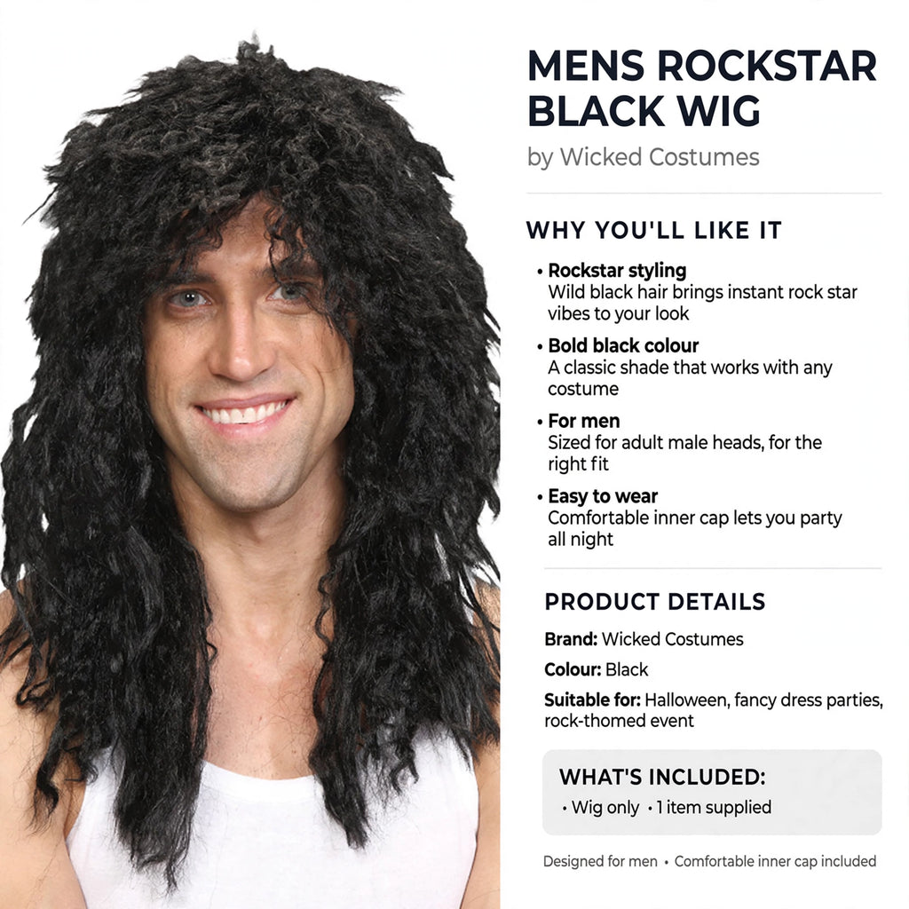 Mens Rockstar Black Wig designed for men with comfortable inner cap for easy wear
