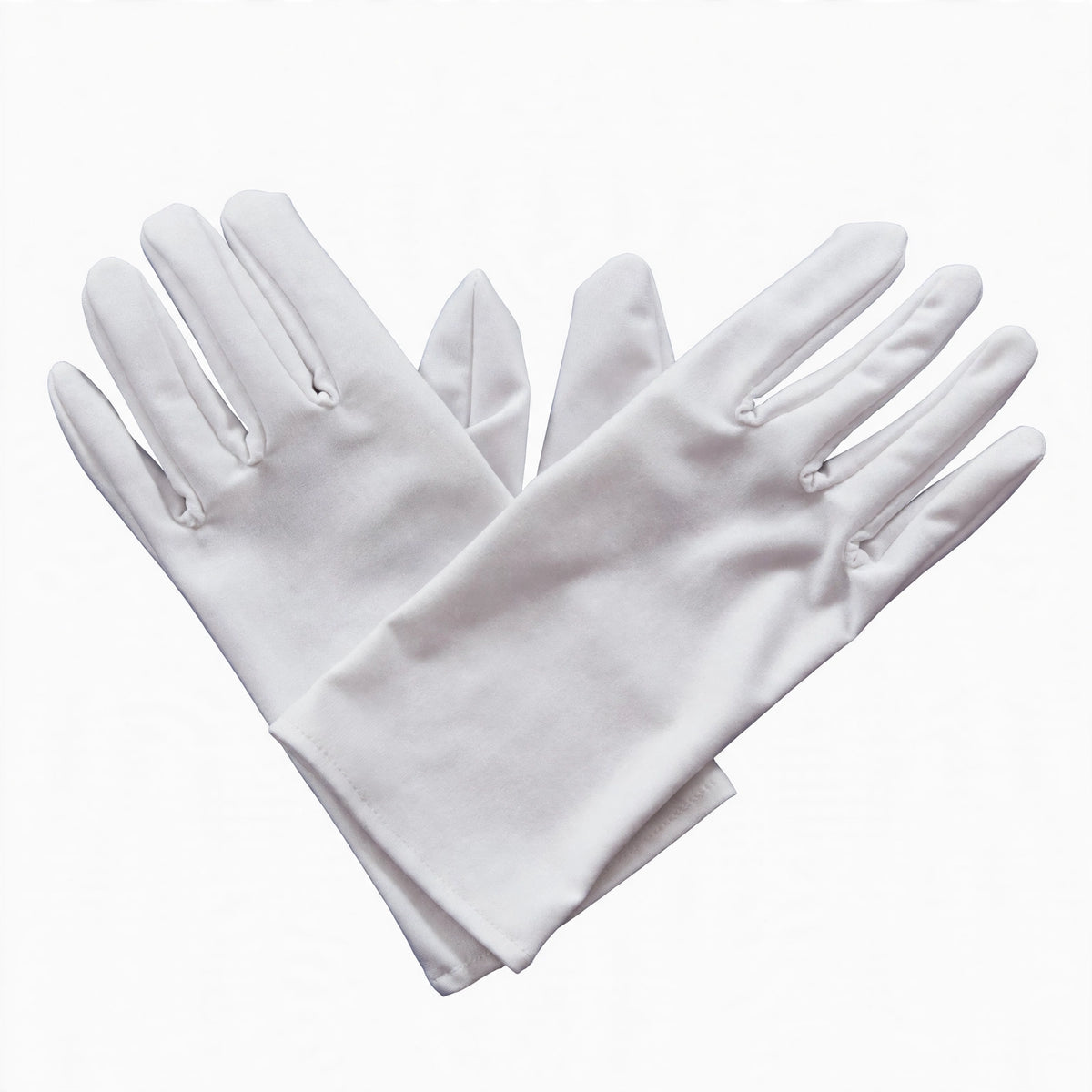 Close-up view of men's short white gloves showing fabric texture and elasticated wrist