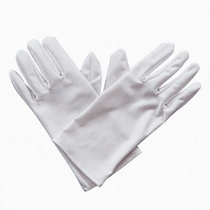 Close-up view of men's short white gloves showing fabric texture and elasticated wrist