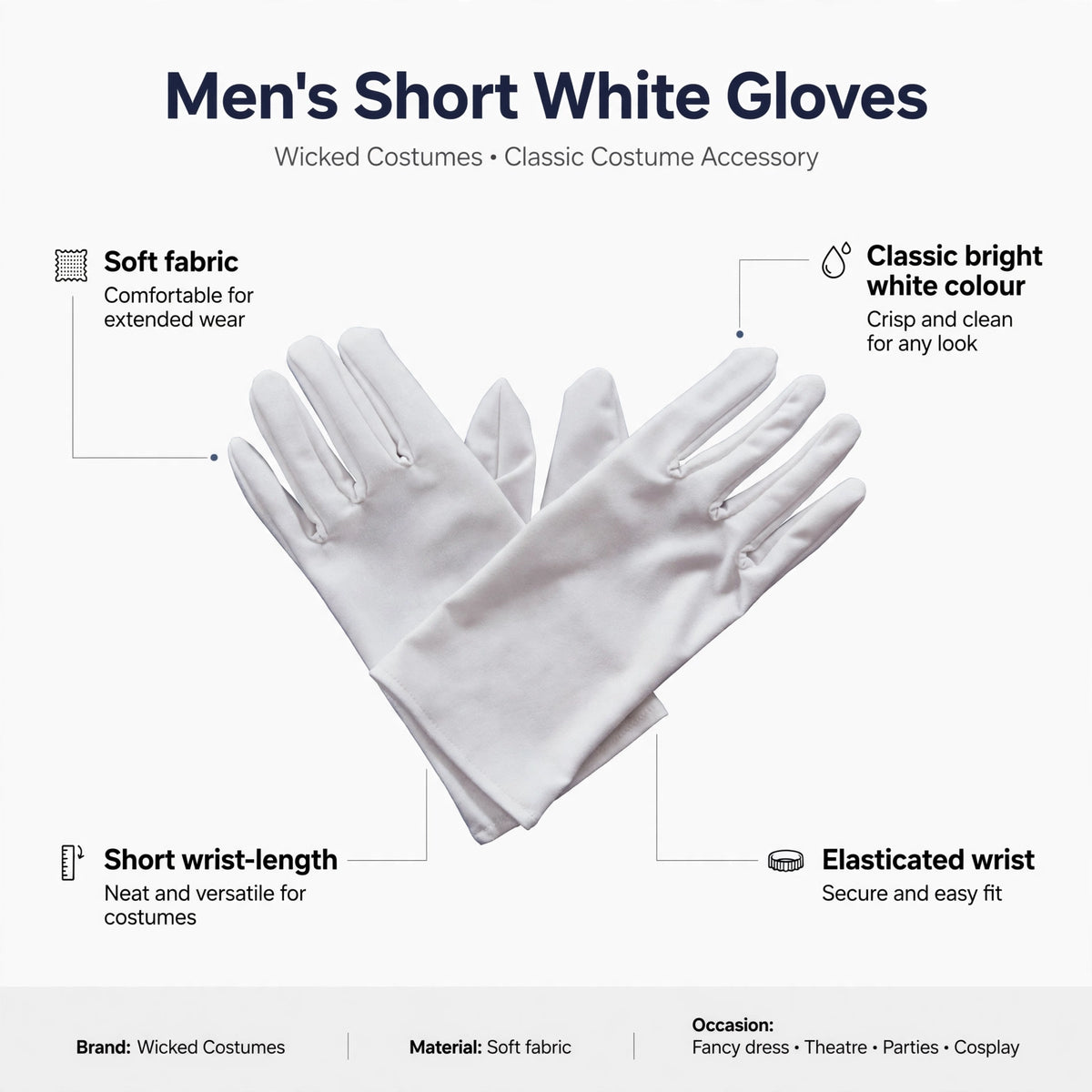 Features soft fabric, short wrist-length, classic bright white colour, and elasticated wrist
