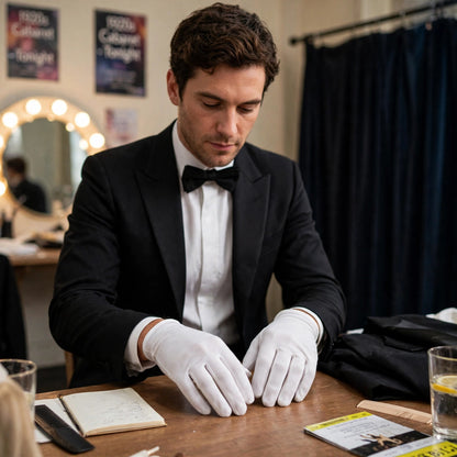 Men's short white gloves worn as part of formal or character costume