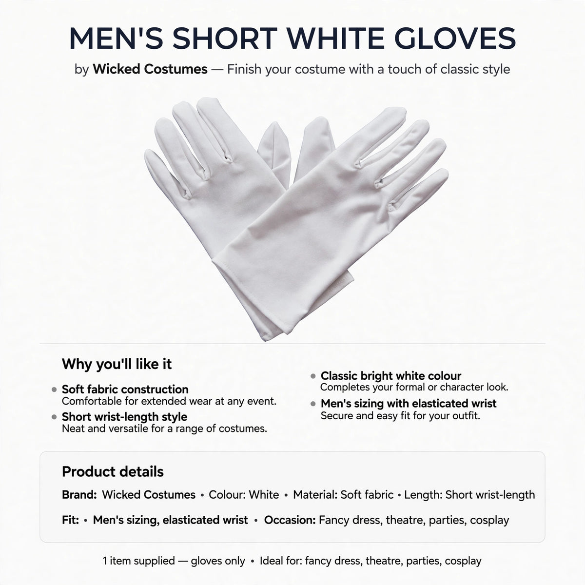 Men's short white gloves with soft fabric construction and elasticated wrist for fit