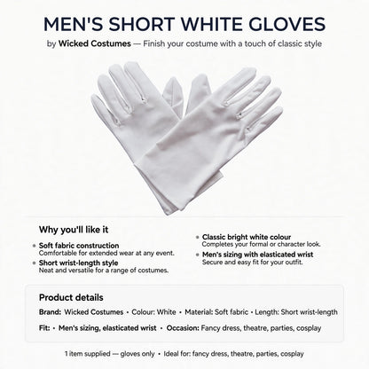Men's short white gloves with soft fabric construction and elasticated wrist for fit