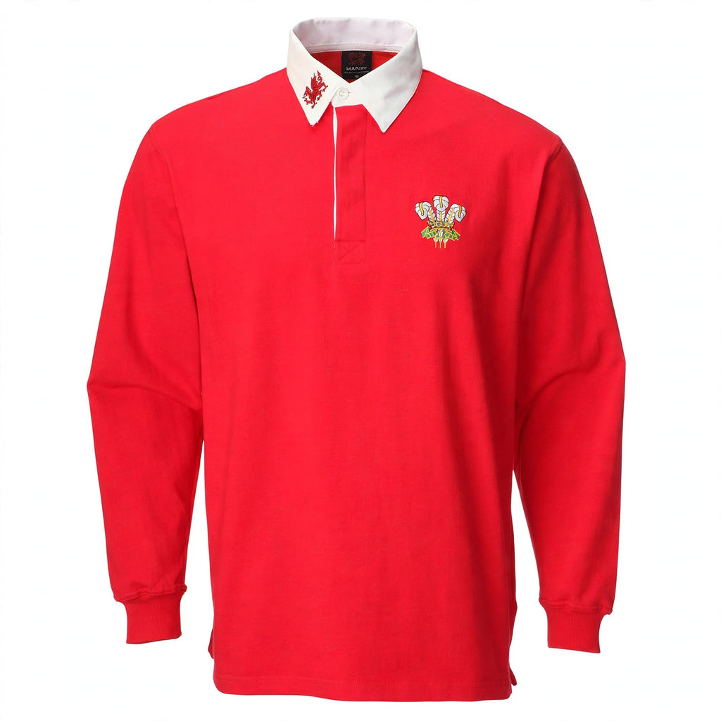 Mens traditional long sleeve Welsh rugby shirt in red with white collar and three feathers emblem size Large