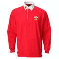 Mens traditional long sleeve Welsh rugby shirt in red with white collar and three feathers emblem size Large