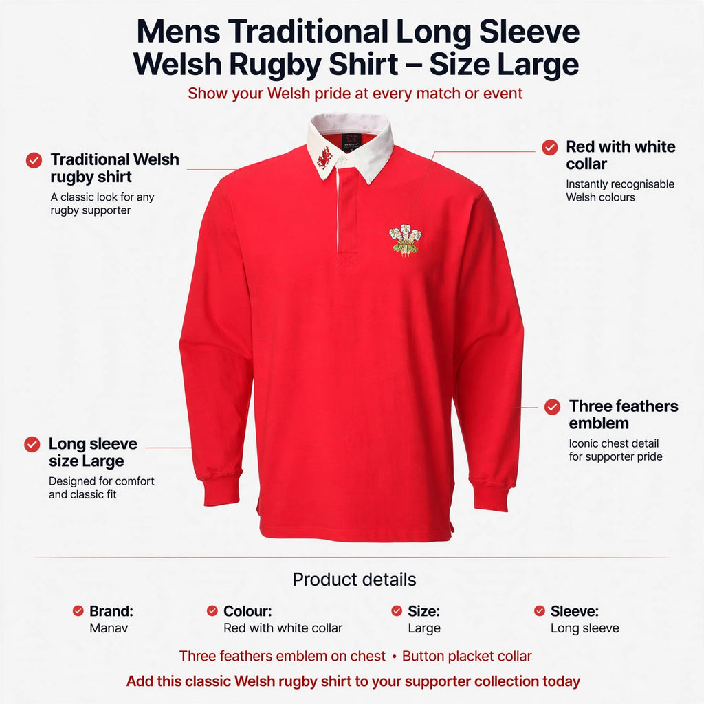 Features of Welsh rugby shirt including traditional design, red body, white collar, three feathers emblem, and button placket
