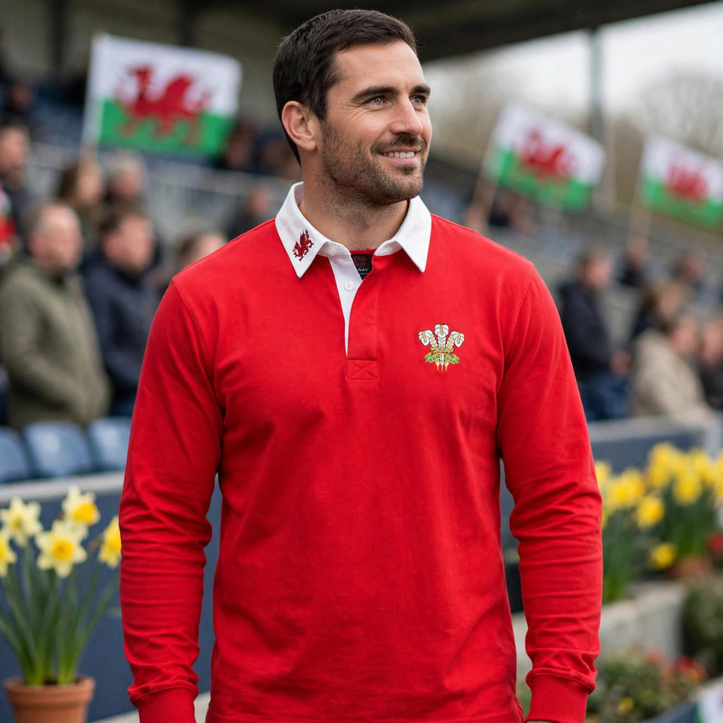 Mens traditional Welsh rugby shirt worn at a rugby match or St David's Day event