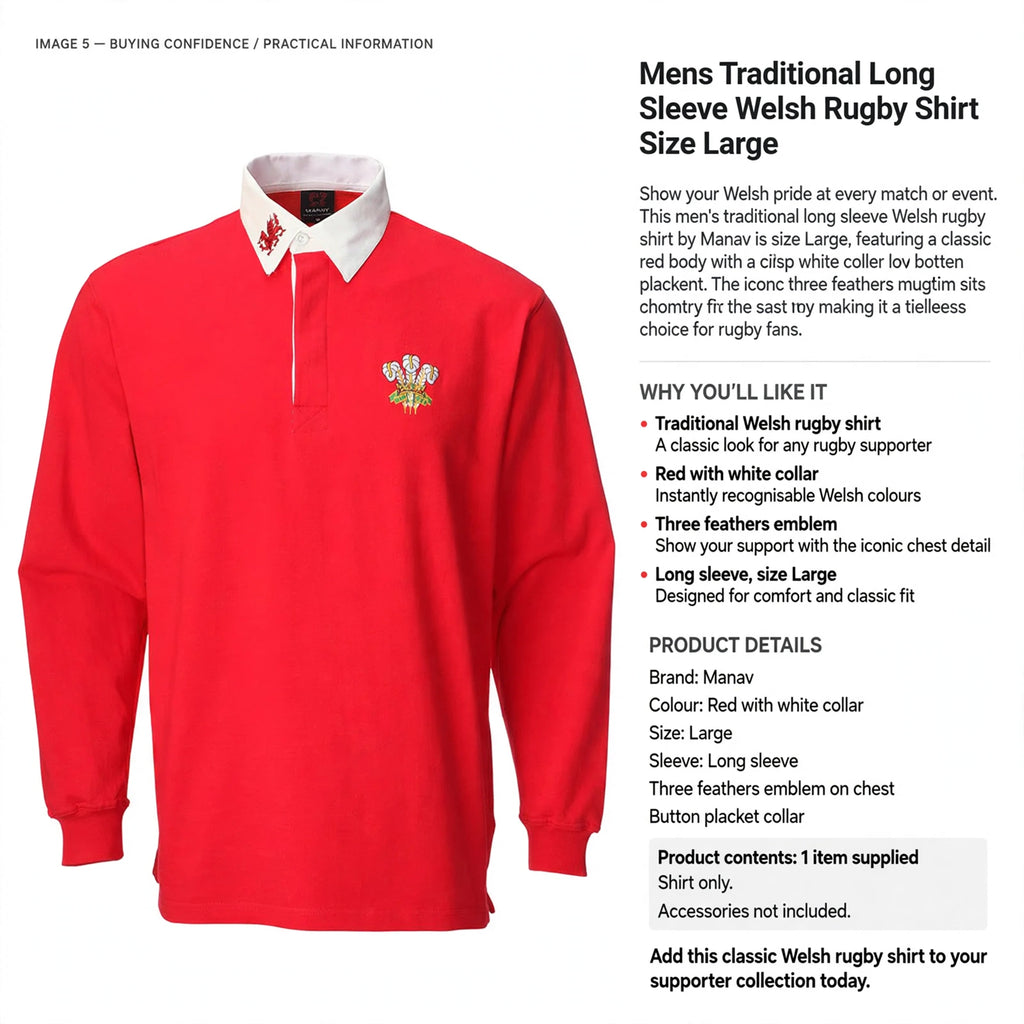 Mens Welsh rugby shirt by Manav in size Large with long sleeves and classic supporter design