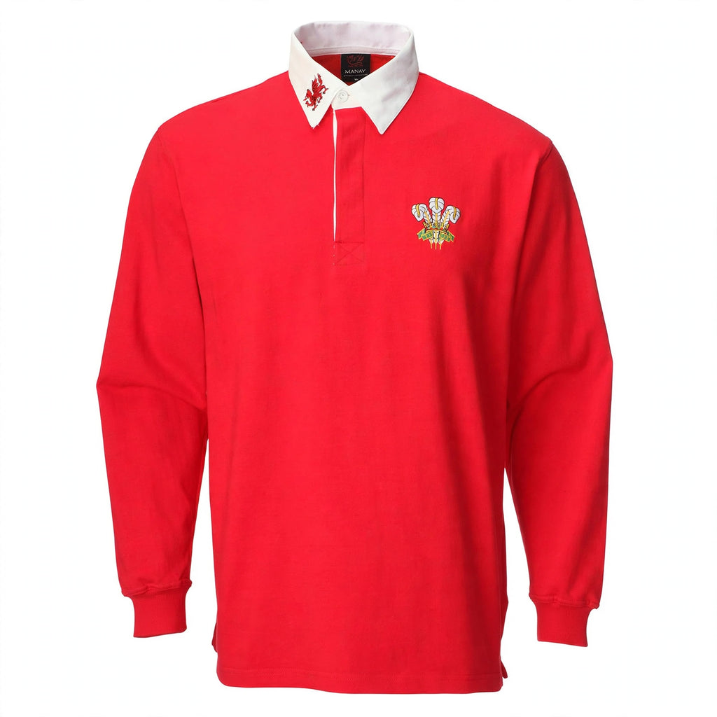 Mens traditional long sleeve Welsh rugby shirt in red with white collar and three feathers emblem