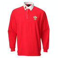 Mens traditional long sleeve Welsh rugby shirt in red with white collar and three feathers emblem