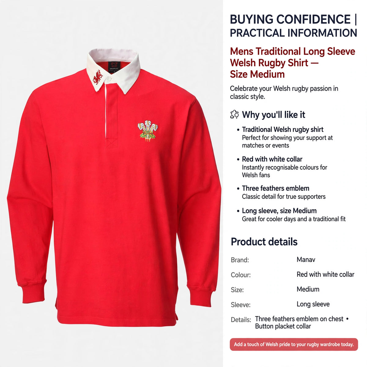 Mens Welsh rugby shirt sized Medium with long sleeves and traditional fit