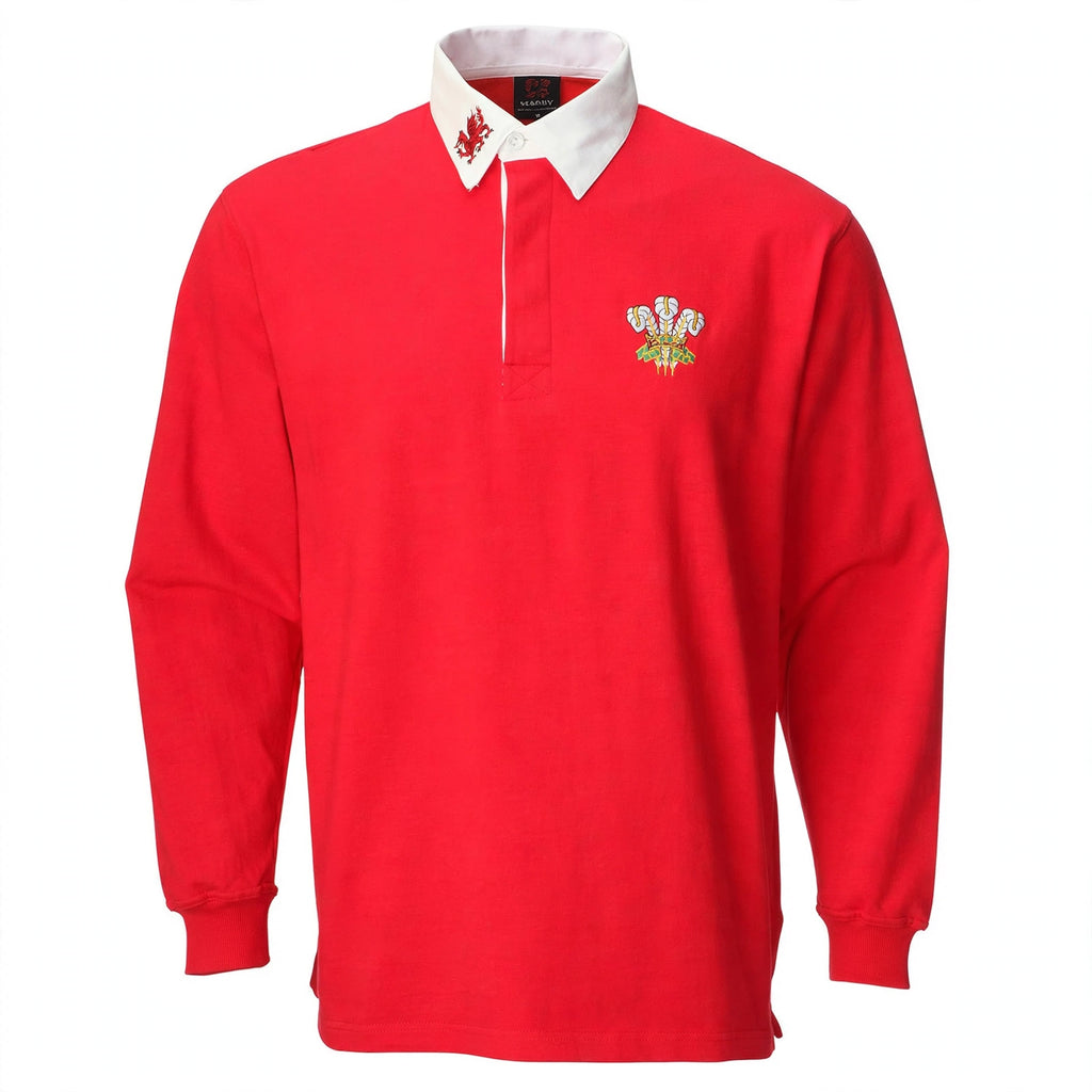 Mens traditional long sleeve Welsh rugby shirt in red with white collar and three feathers emblem