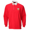 Mens traditional long sleeve Welsh rugby shirt in red with white collar and three feathers emblem