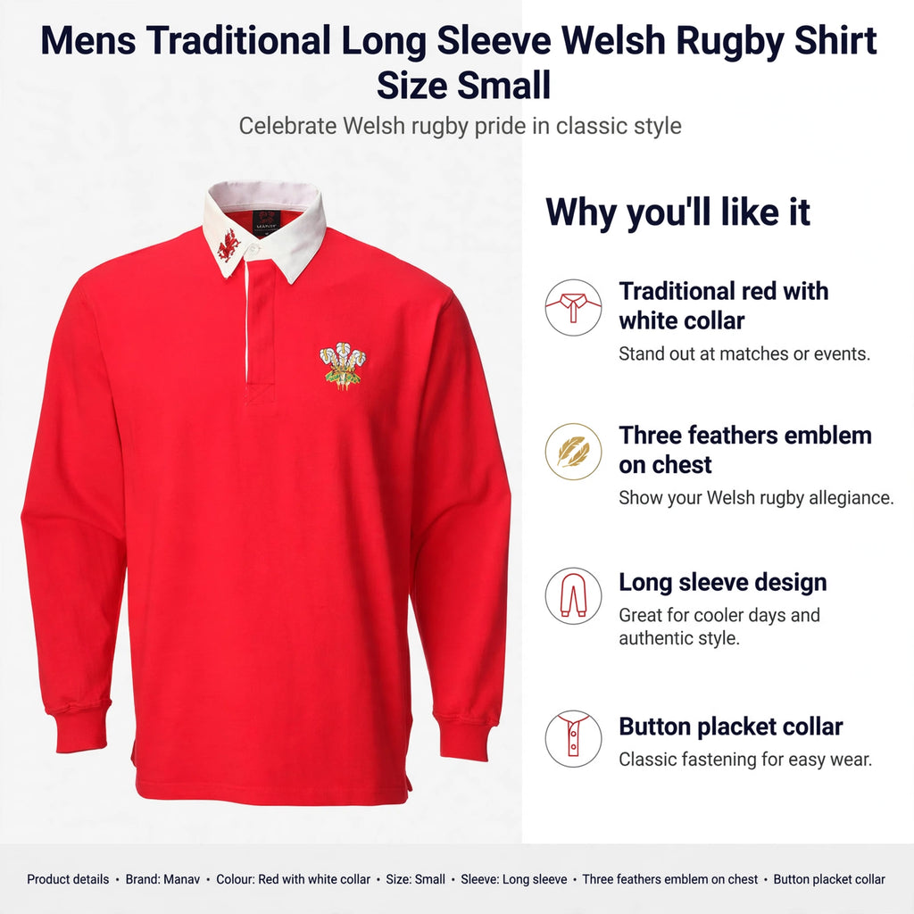 Features traditional red color, white button placket collar, three feathers emblem, and long sleeves