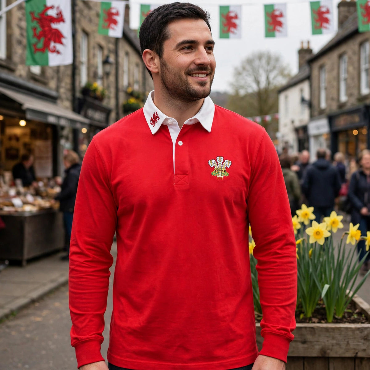 Mens traditional Welsh rugby shirt worn for showing Welsh rugby support at matches or events