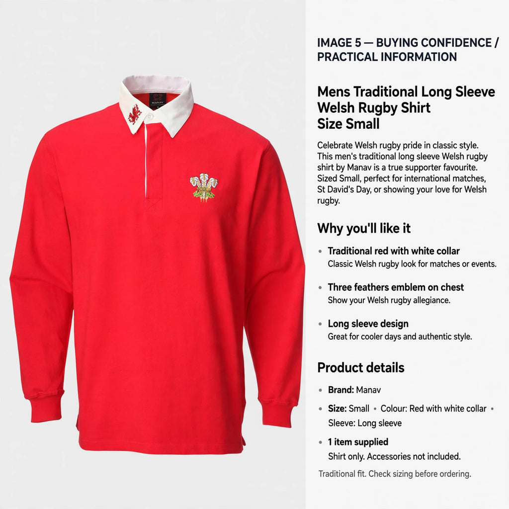 Mens Welsh rugby shirt by Manav in size Small with traditional fit and long sleeves