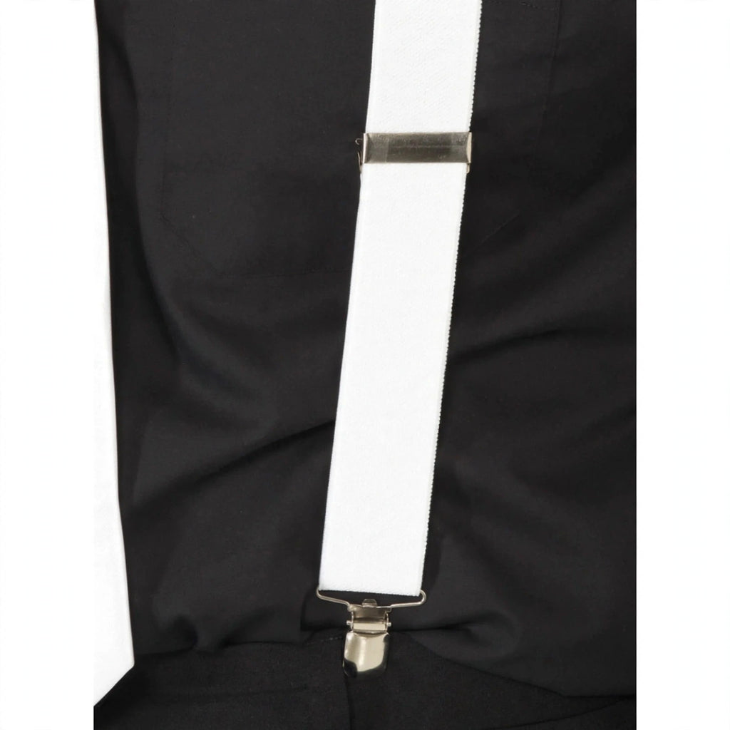 Close-up view of white elasticated braces showing clips and buttons