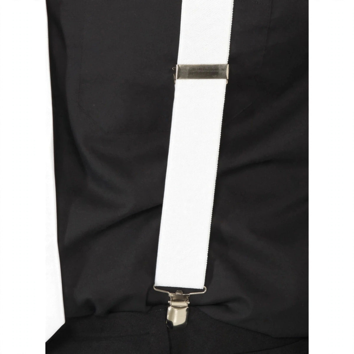 Close-up view of white elasticated braces showing clips and buttons