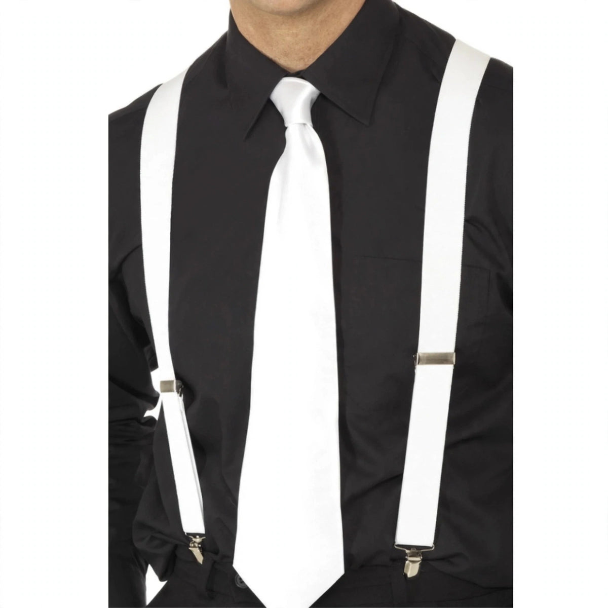 Mens white elasticated braces with clips and buttons