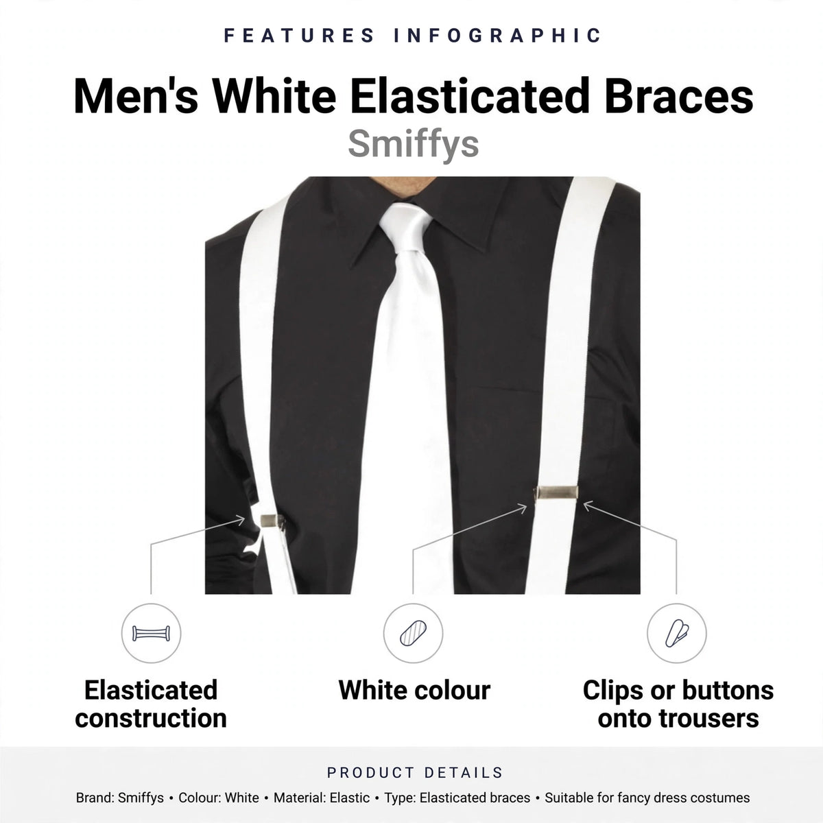 Elasticated braces with adjustable fit and white colour