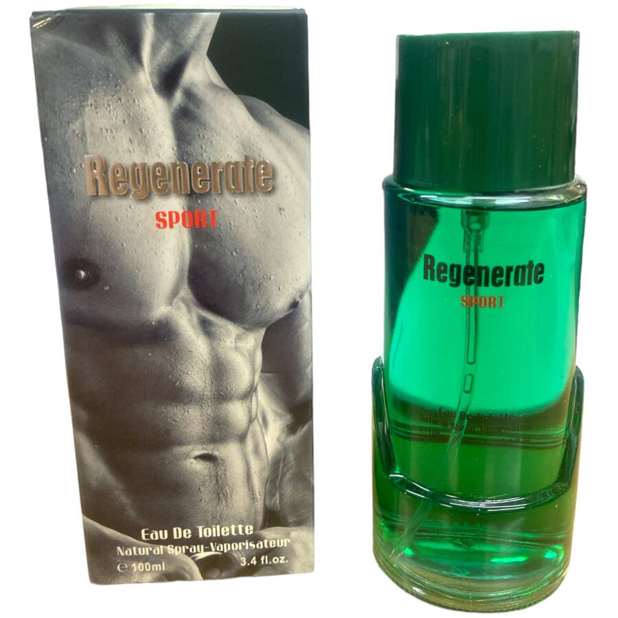 Regenerate Sport Eau De Toilette bottle and packaging box. The bottle is made of transparent green glass, and the box features a muscular torso graphic with the brand name 'Regenerate' and 'sport' in red.
