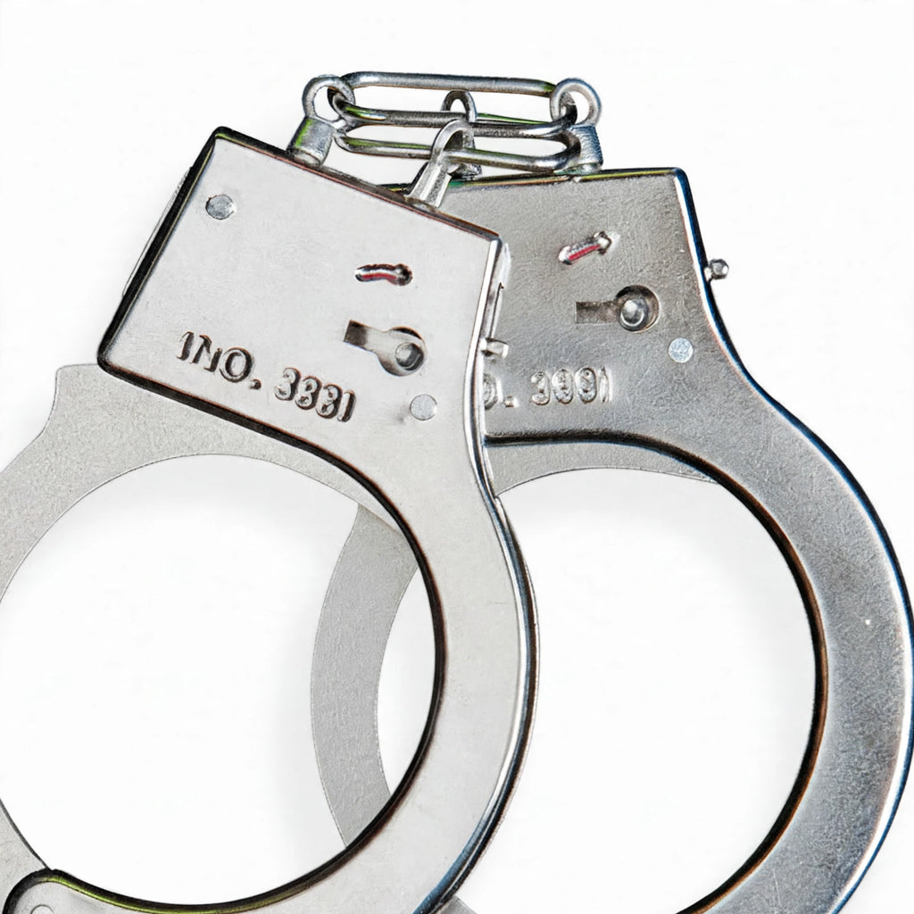 Close-up view of metal fancy dress handcuffs with polished chrome finish