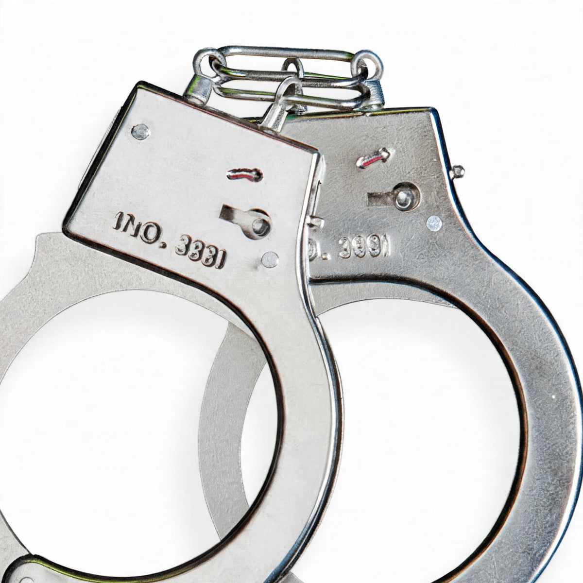 Close-up view of metal fancy dress handcuffs with polished chrome finish