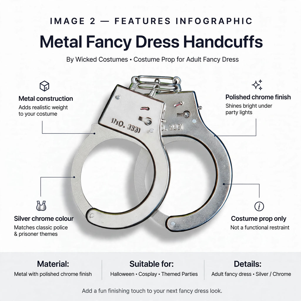 Features metal construction polished chrome finish silver chrome colour costume prop only