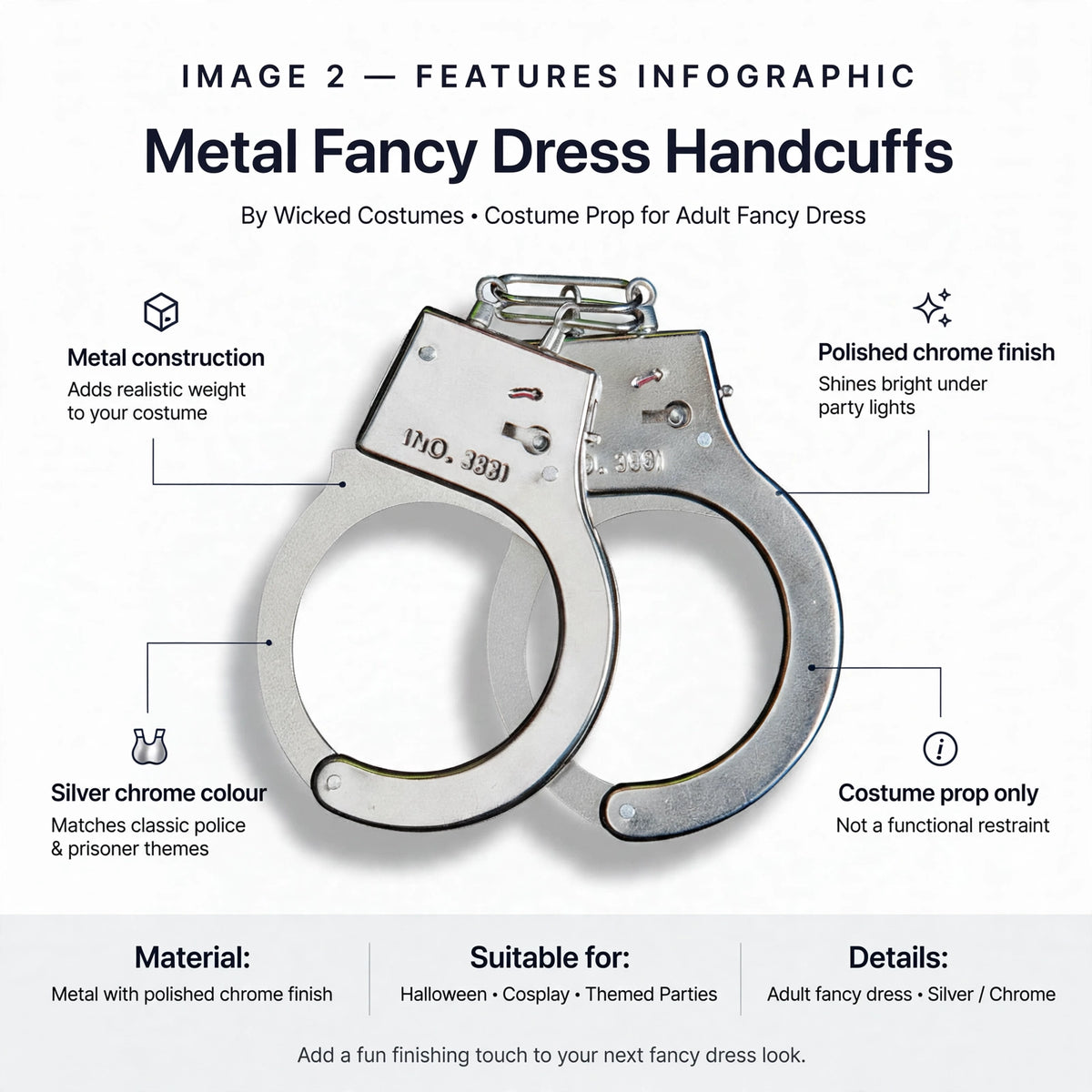 Features metal construction polished chrome finish silver chrome colour costume prop only