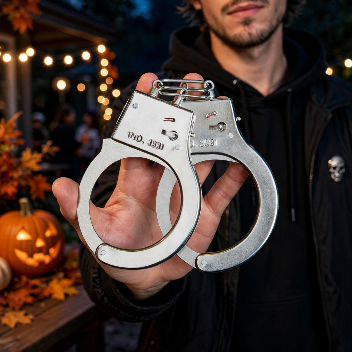 Metal fancy dress handcuffs worn as part of adult police or prisoner costume