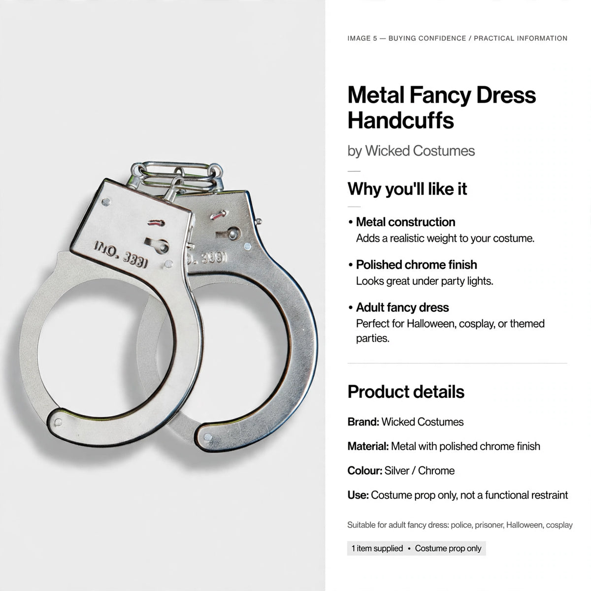 Metal handcuffs designed as costume props for adult fancy dress Halloween cosplay