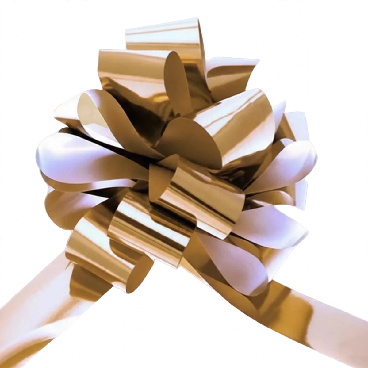 Close-up view of Metallic Gold Pull Bow showing metallic gold finish and ribbon texture