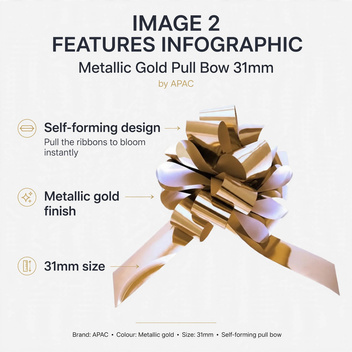 Infographic showing self-forming pull bow with metallic gold finish and 31mm size