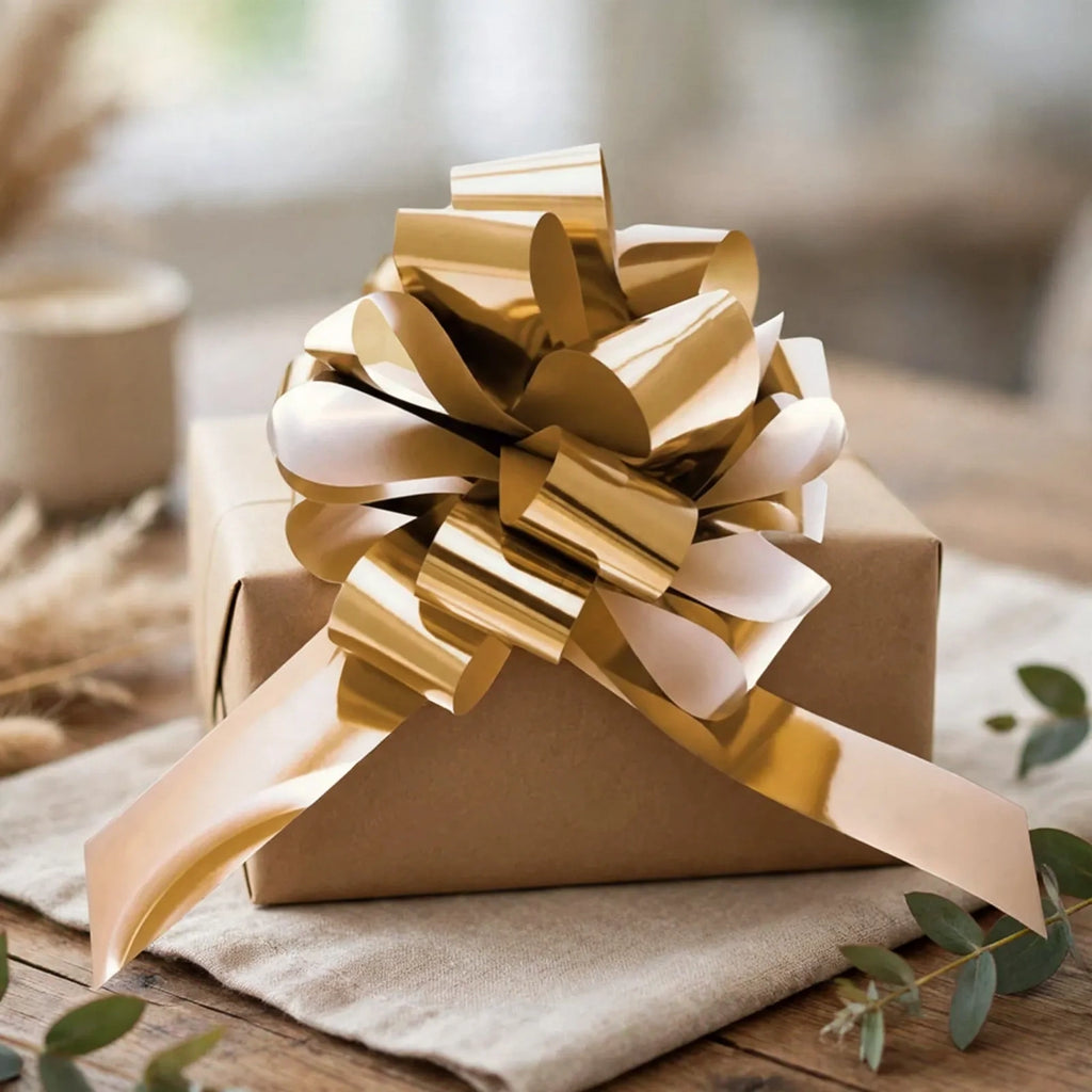 Metallic Gold Pull Bow used on gift boxes, bags, bottles, and hampers for celebrations