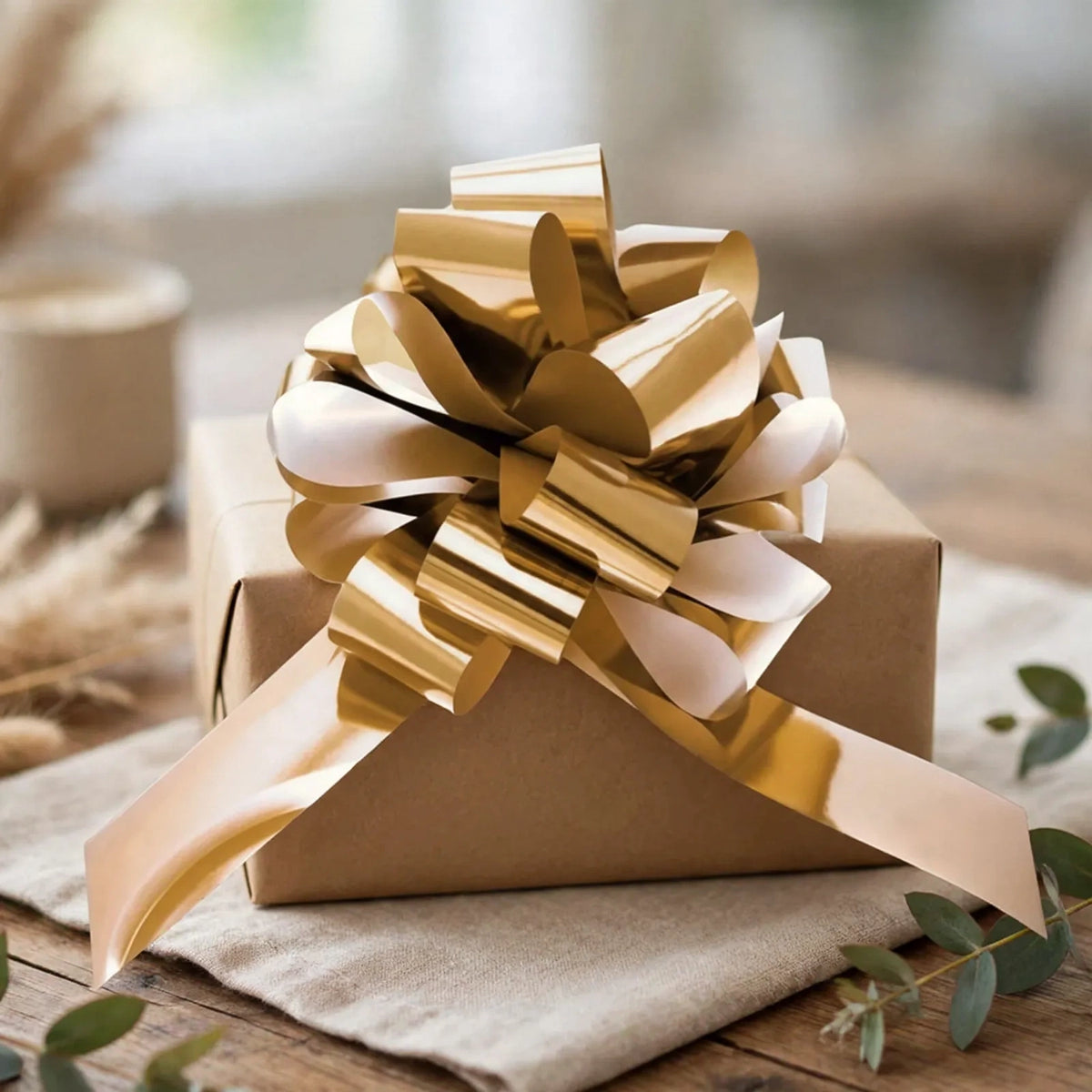 Metallic Gold Pull Bow used on gift boxes, bags, bottles, and hampers for celebrations
