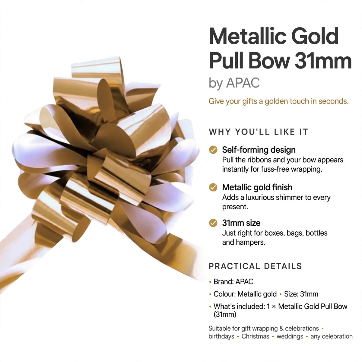 Self-forming pull bow that blooms instantly for gift wrapping without tying