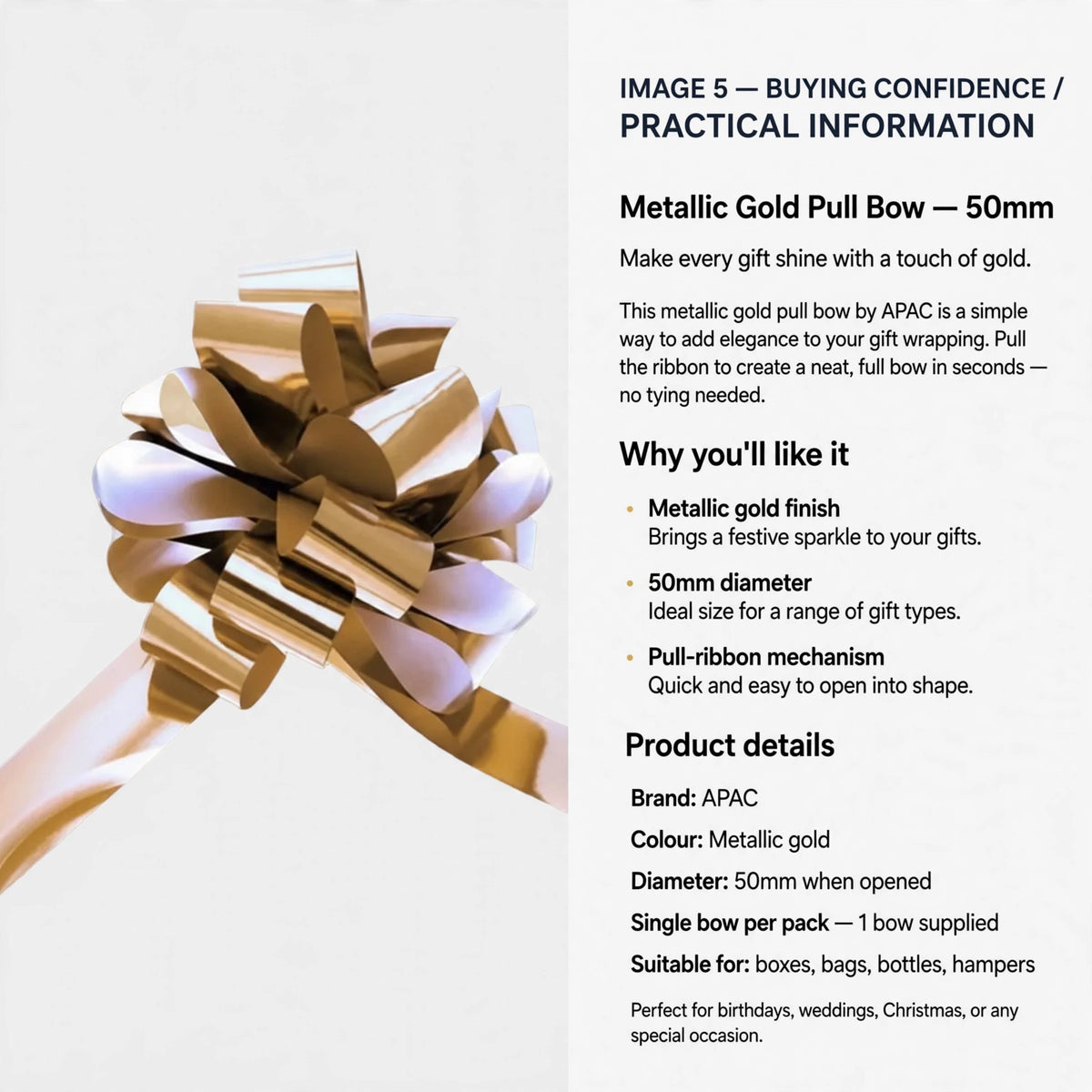Single metallic gold pull bow with 50mm diameter suitable for gift wrapping