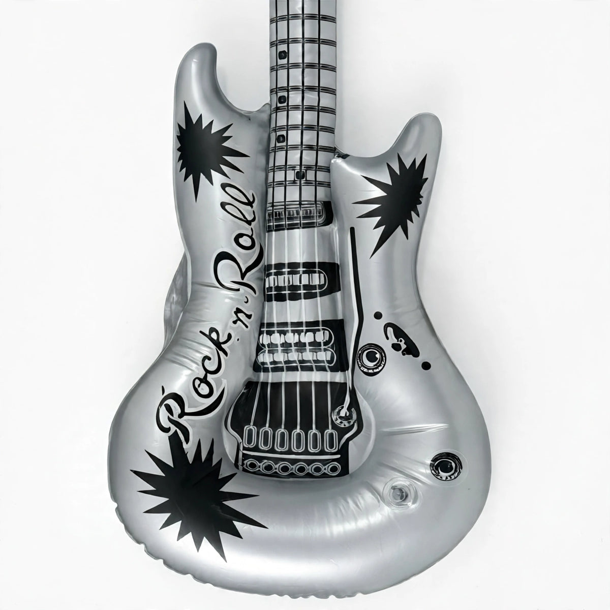 Close-up view of metallic inflatable rock n roll guitar shape