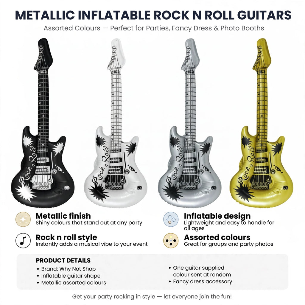 Infographic showing metallic finish, inflatable design, rock n roll style, and assorted colours