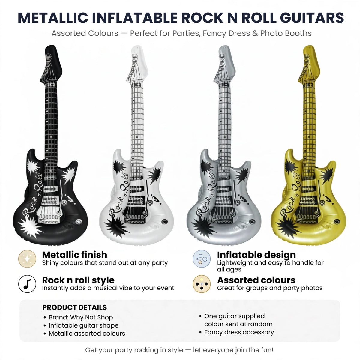Infographic showing metallic finish, inflatable design, rock n roll style, and assorted colours