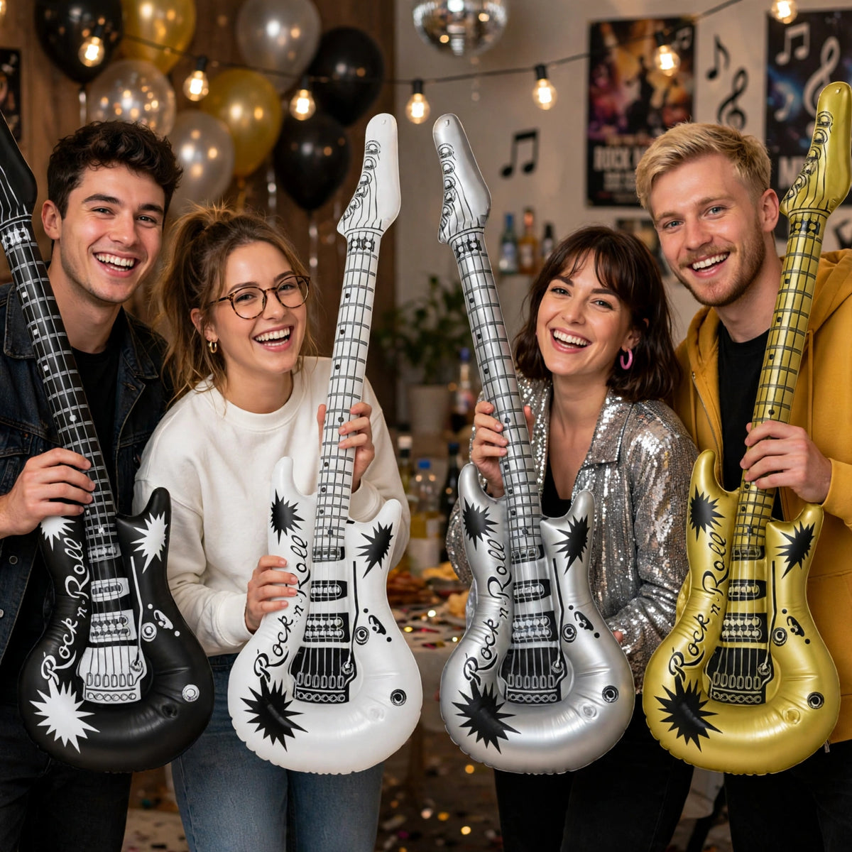 Metallic inflatable rock n roll guitar used as a fancy dress accessory at a party