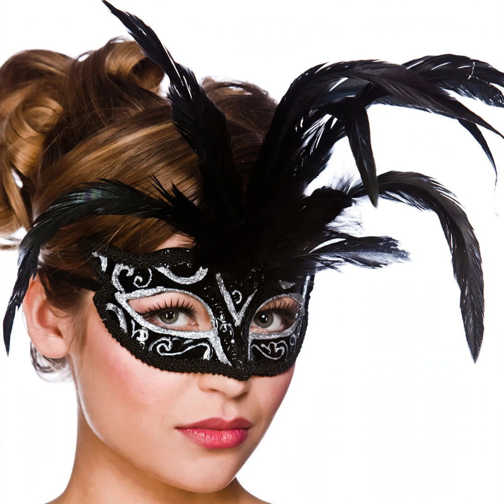 Close-up view of Milano Long Feathered Masquerade Ball Eye Mask feathers and mask shape