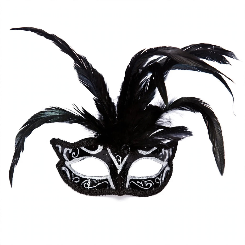 Milano Long Feathered Masquerade Ball Eye Mask with extended feathered accent