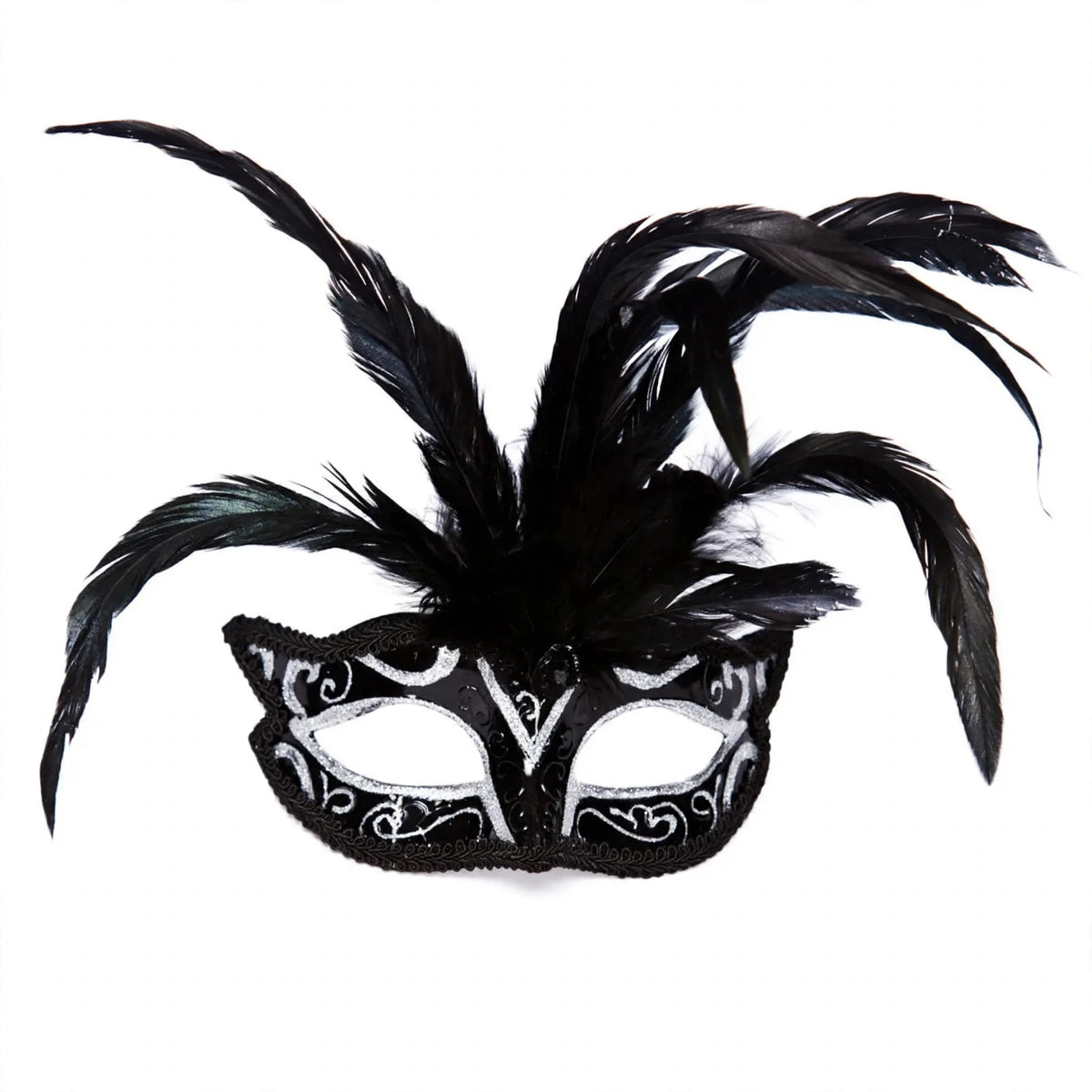 Milano Long Feathered Masquerade Ball Eye Mask with extended feathered accent