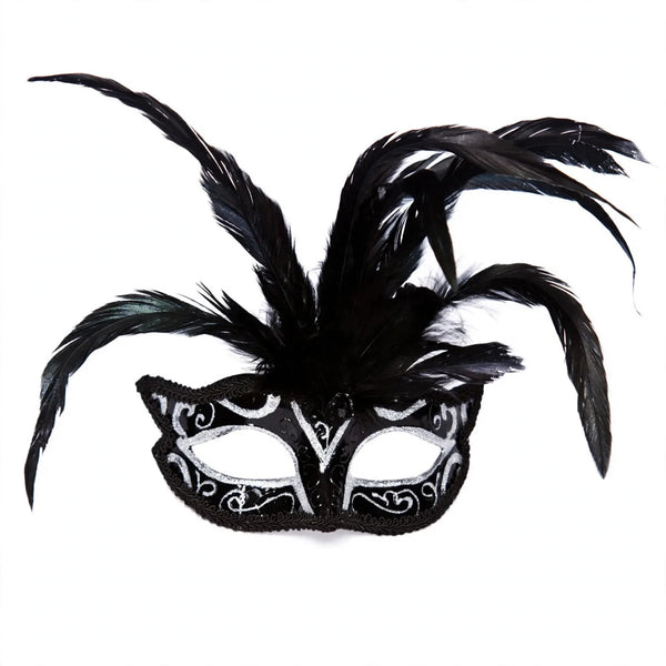 Milano Long Feathered Masquerade Ball Eye Mask with extended feathered accent
