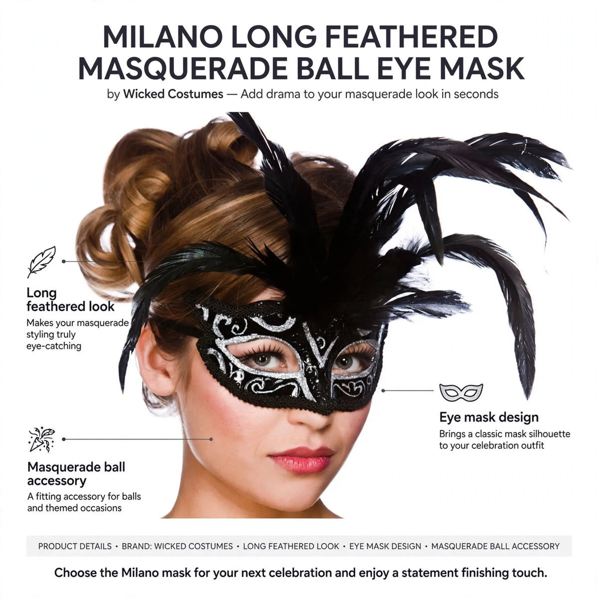 Infographic showing long feathered look and classic eye mask design features