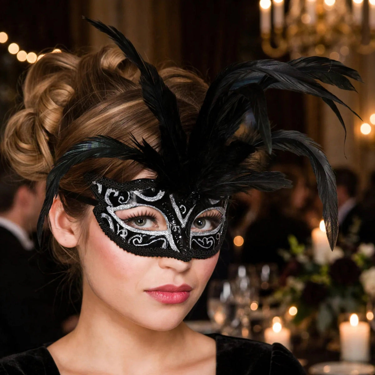 Milano Long Feathered Masquerade Ball Eye Mask worn for masquerade ball or themed celebration